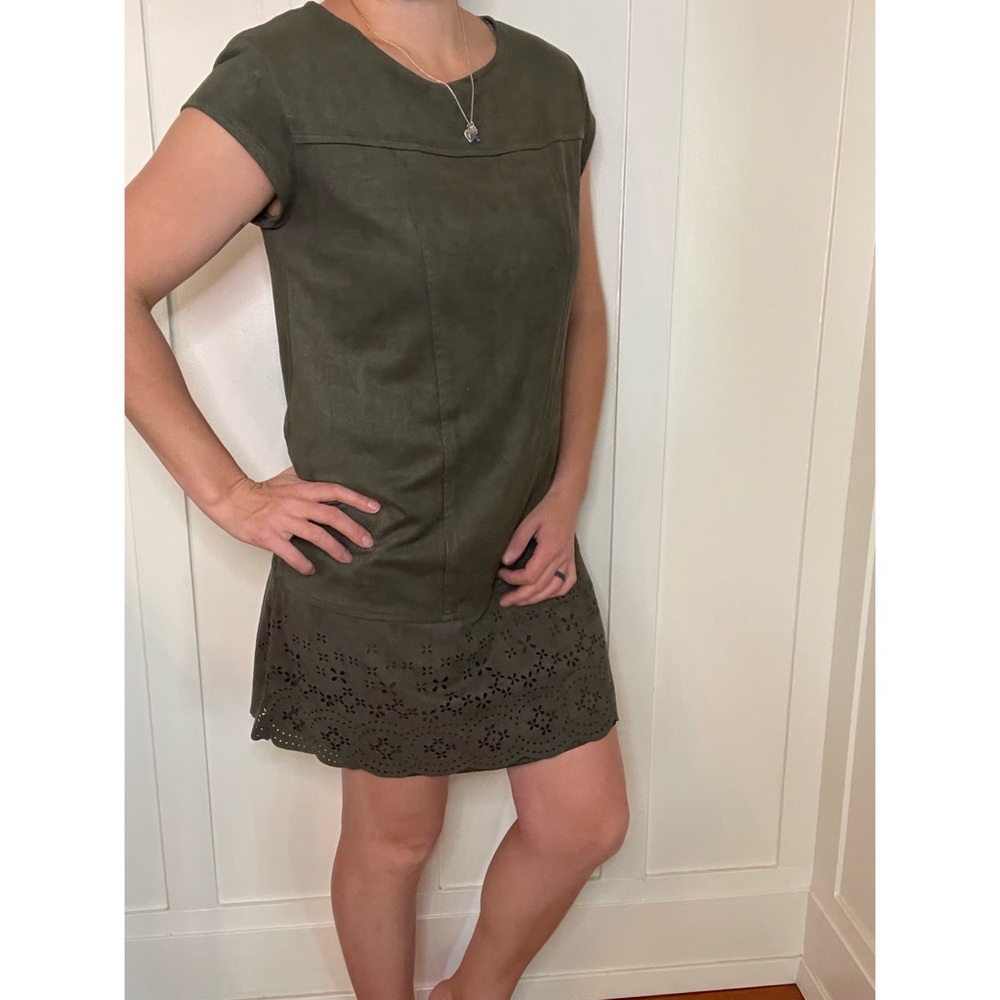 Olive green faux suede short sleeve dress